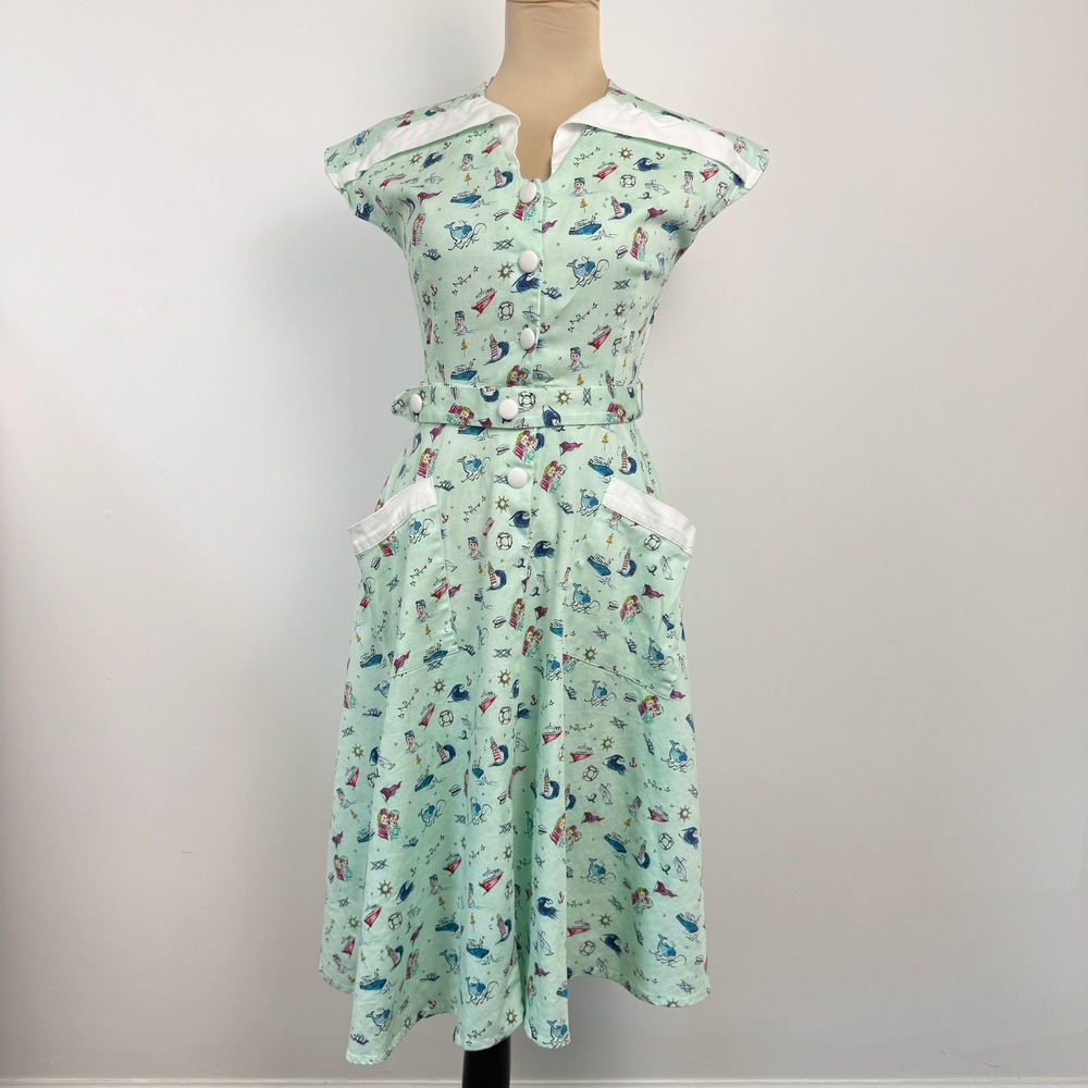 Unique Vintage Mint Sailor Dress Size Small Nautical Whimsical Retro Rockabilly